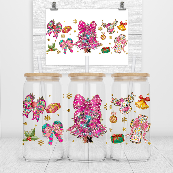 Christmas Tree Bow Sparkly Watercolor UV DTF Transfer