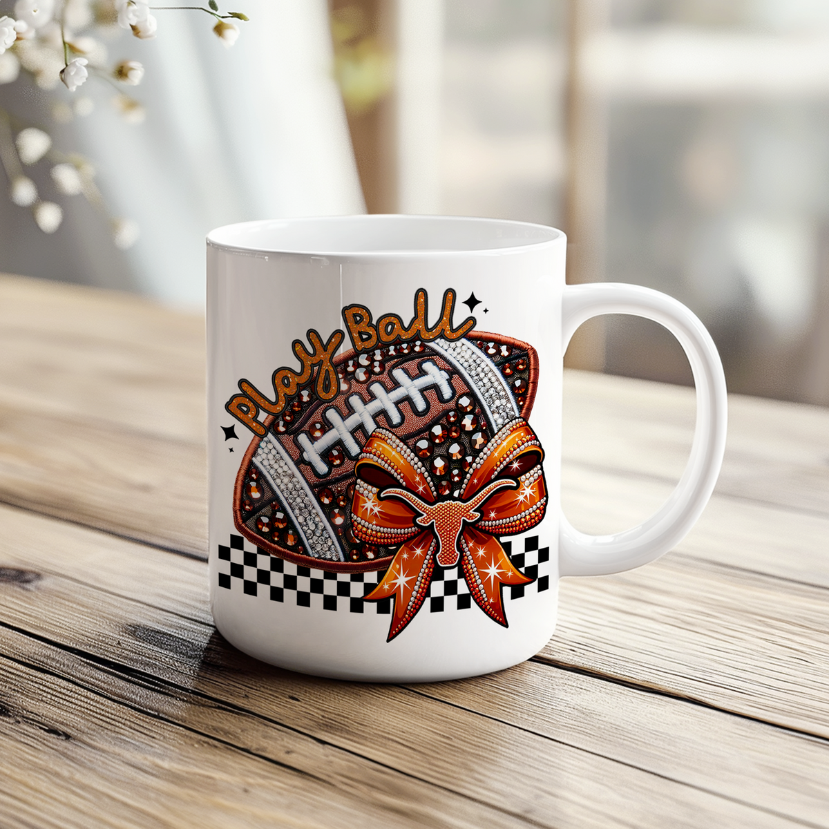 Play Ball Longhorns (TX) Faux Rhinestone and Faux Embroidery DTF Heat Transfer