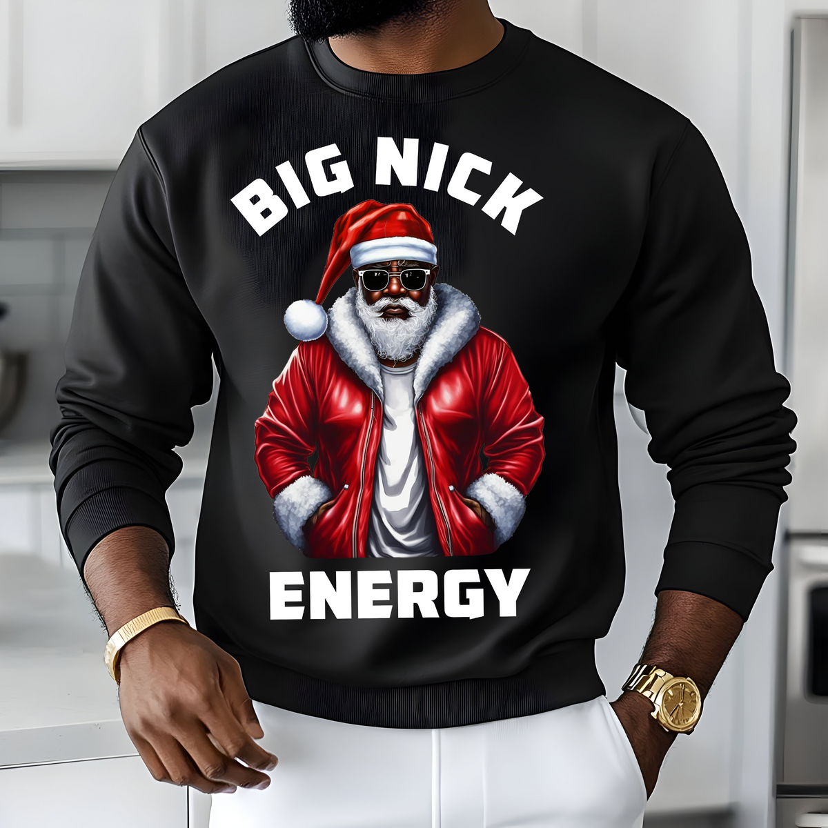 Big Nick Energy DTF Transfer – Black Santa Design White