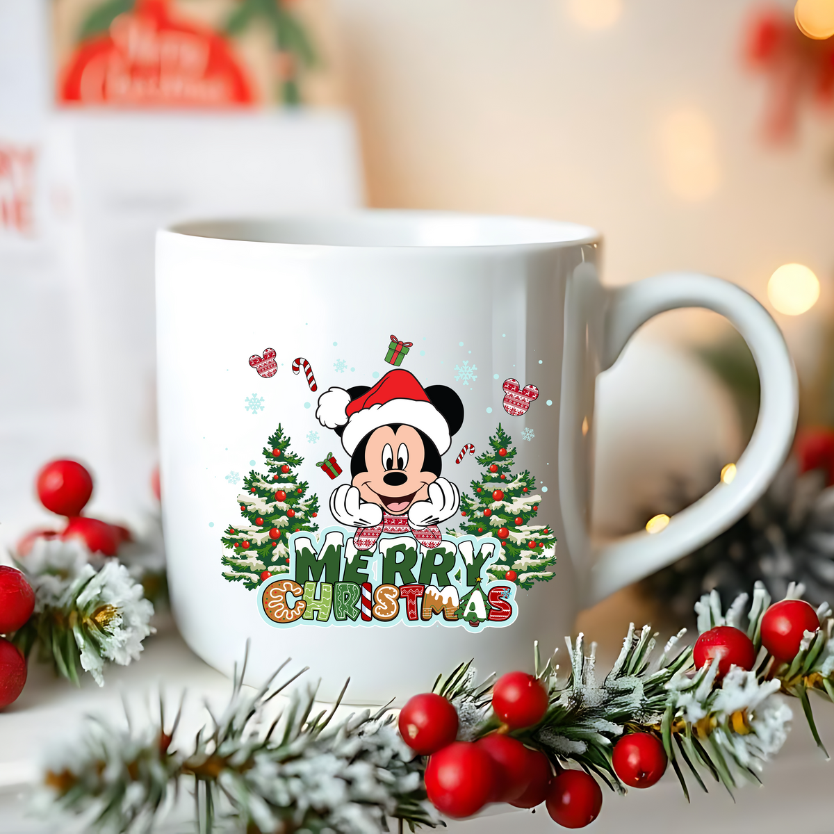 Boy Mouse Merry Christmas Trees UV DTF Transfer