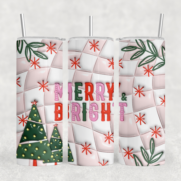 Checkered Merry and Bright 3D Puffy Look 20oz Sublimation Tumbler Transfer