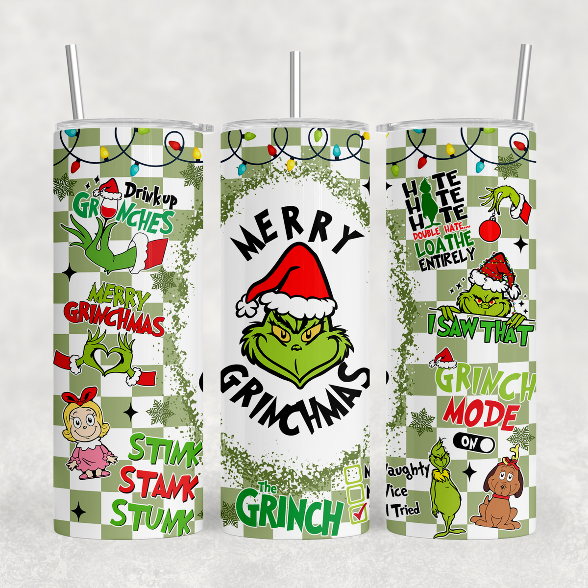 Drink Up Checkered Mean Green 20oz Sublimation Tumbler Transfer