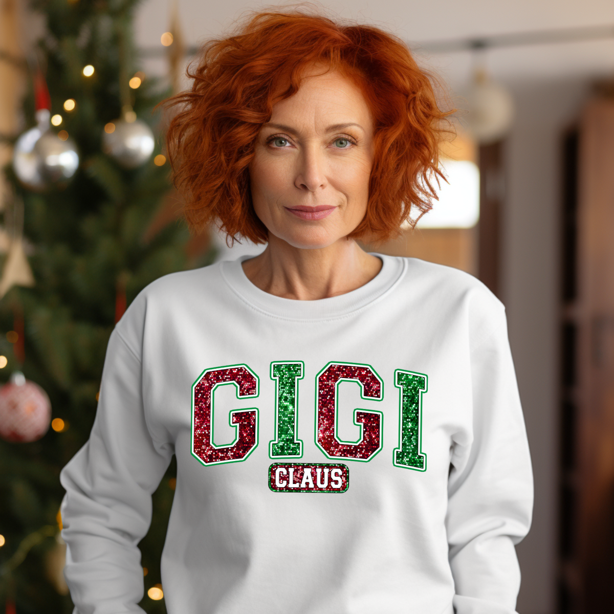 "GiGi Claus" Faux Sparkle DTF Transfer – Glitter-Inspired Festive Christmas Design