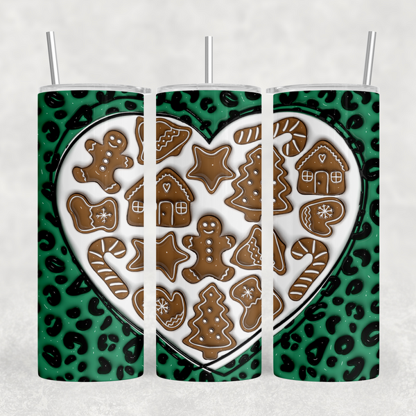 Gingerbread Heart Green Leopard Inflated Look 20oz Sublimation Tumbler Transfer