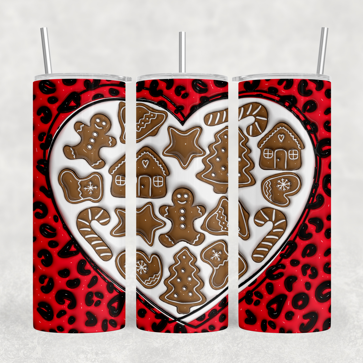 Gingerbread Heart Red Leopard Inflated Look 20oz Sublimation Tumbler Transfer