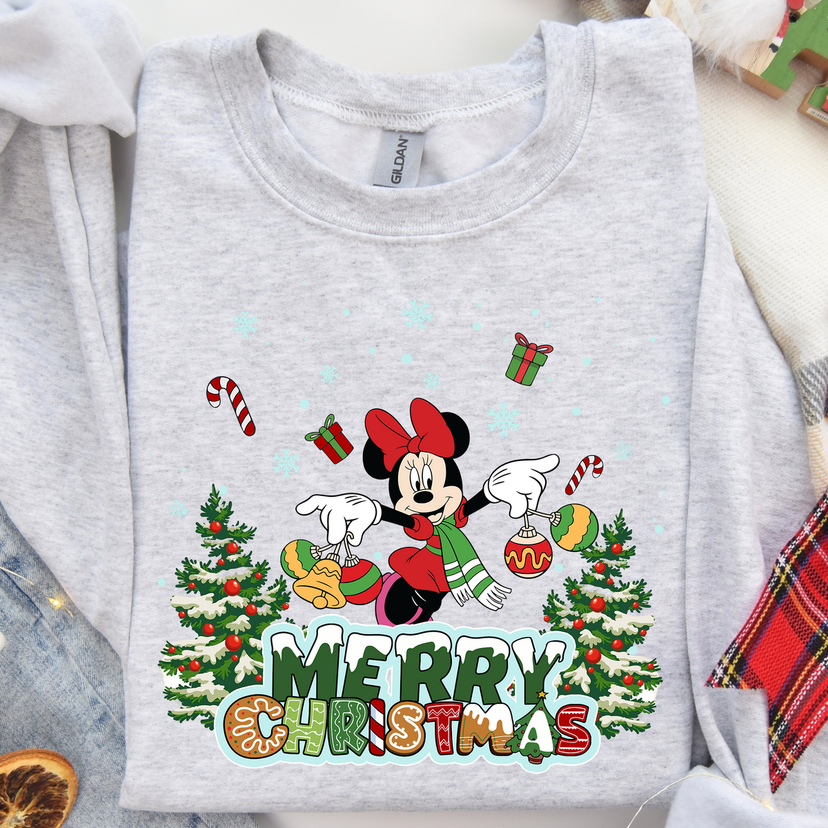 Girl Mouse Merry Christmas Trees and Ornaments DTF Heat Transfer