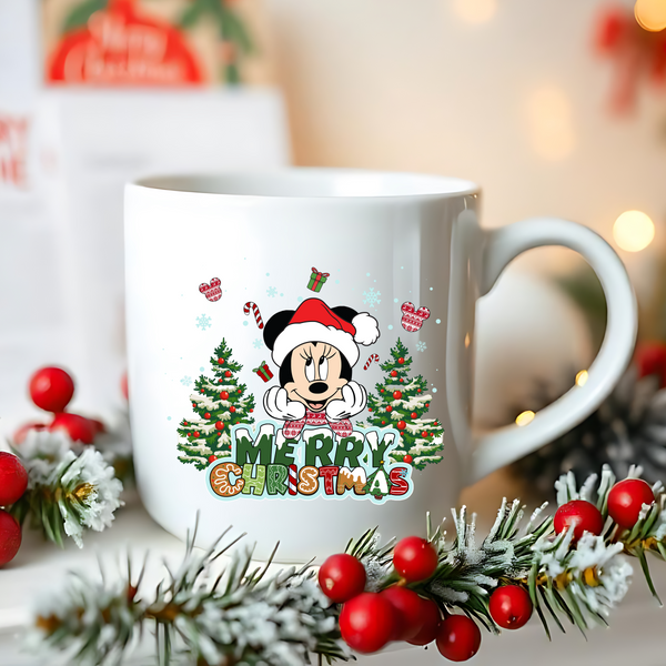 Girl Mouse Merry Christmas Trees UV DTF Transfer