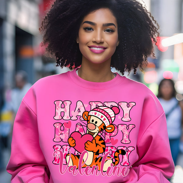 Happy Valentine Bouncy Tiger Faux Sparkles DTF Heat Transfer