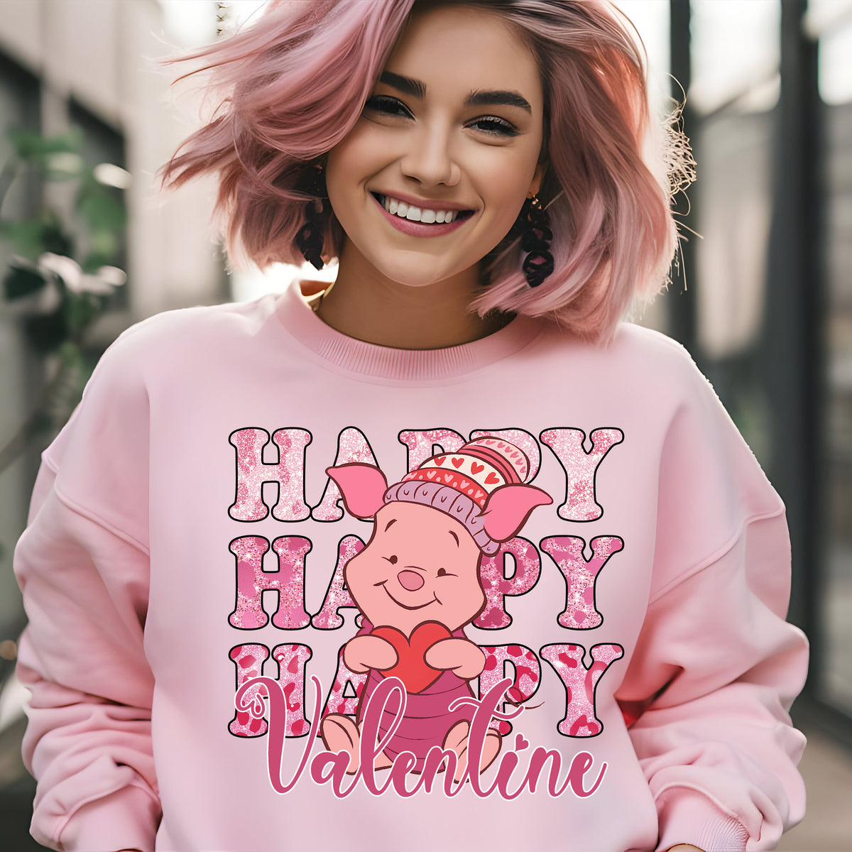 Happy Valentine Friendly Pig Faux Sparkles DTF Heat Transfer