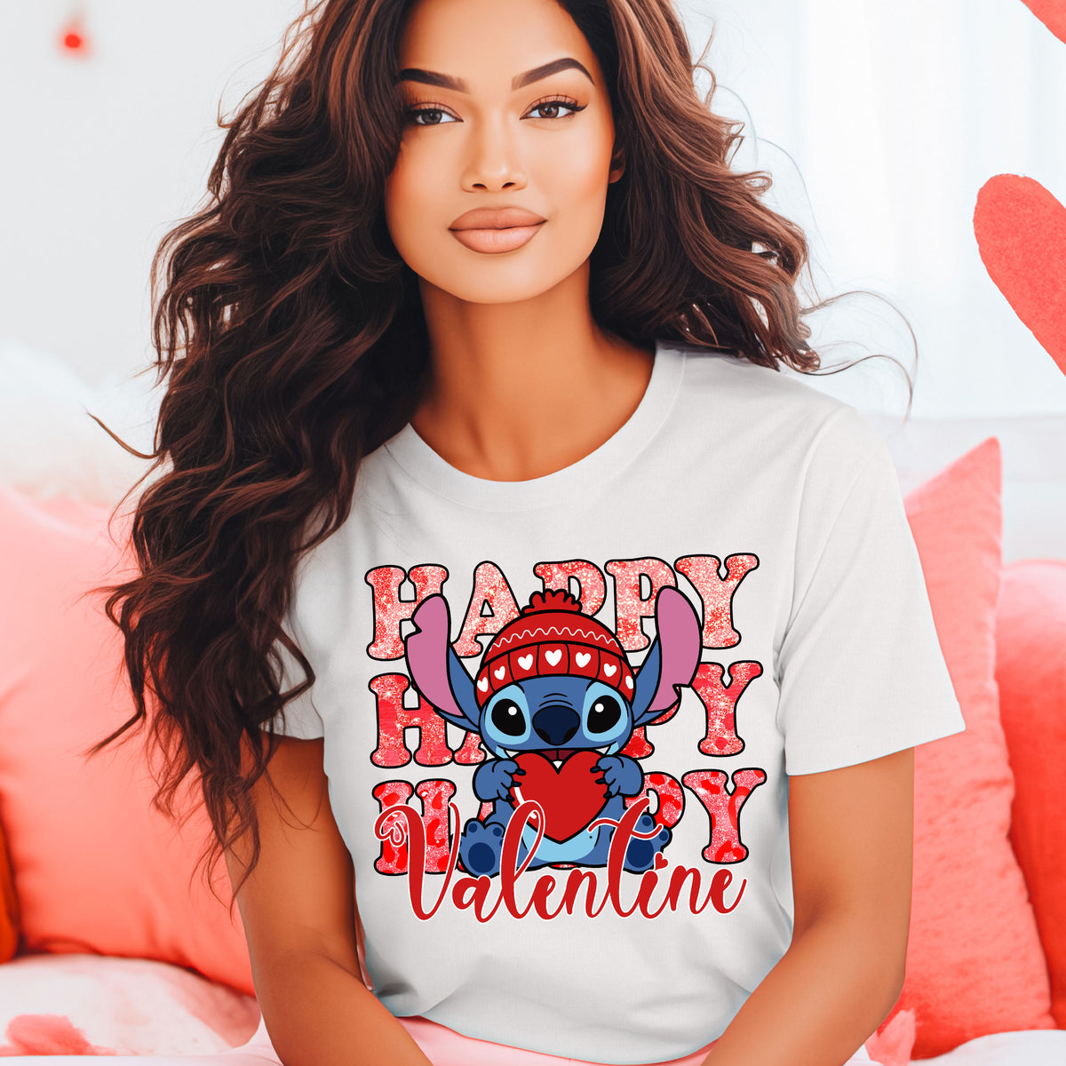 Happy Valentine Stitches Faux Sparkles DTF Heat Transfer