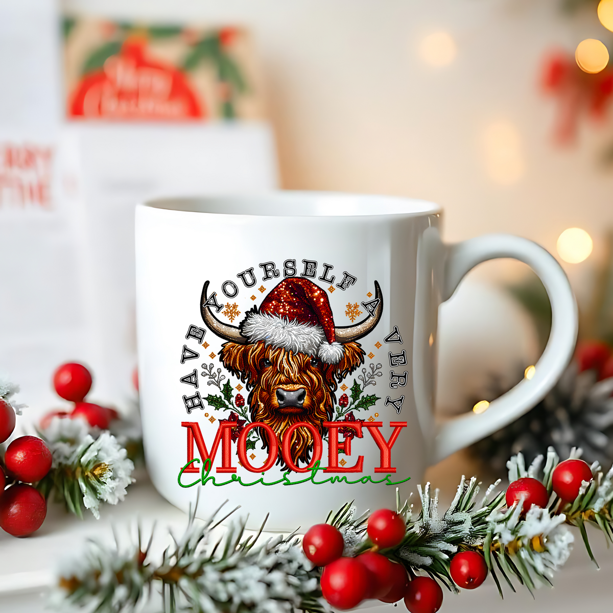 Have Yourself A Mooey Christmas Faux Embroidery and Faux Sparkles DTF Heat Transfer