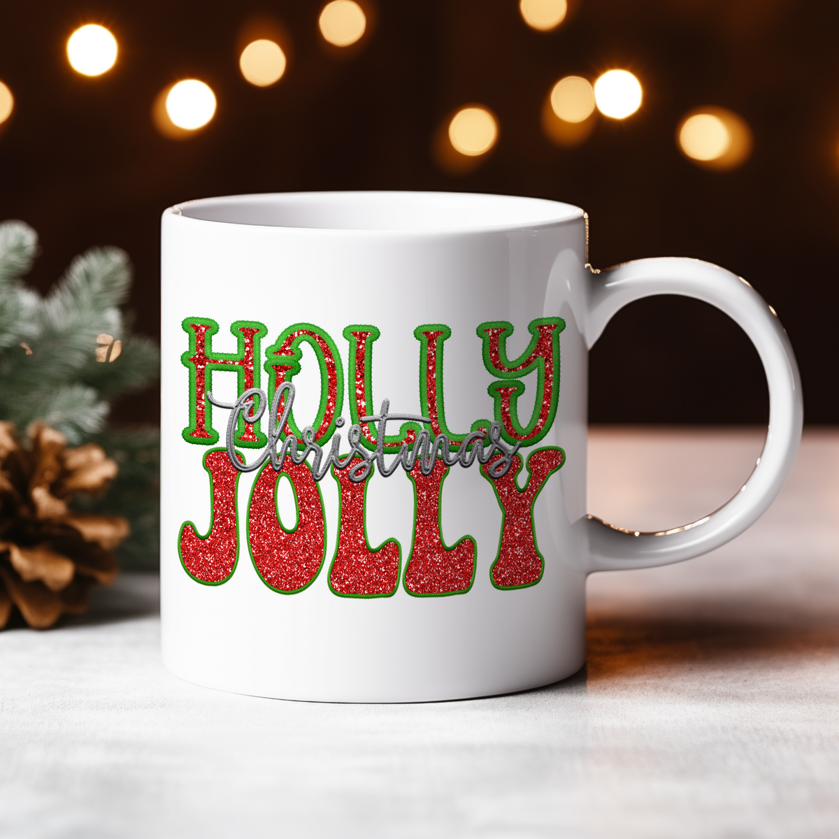 Holly Jolly Christmas Faux Sparkles & Faux Embroidery DTF Heat Transfer