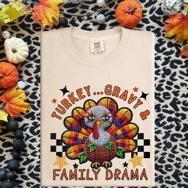 Turkey Gravy & Family Drama Faux Sparkles & Faux Embroidery Sublimation Transfer