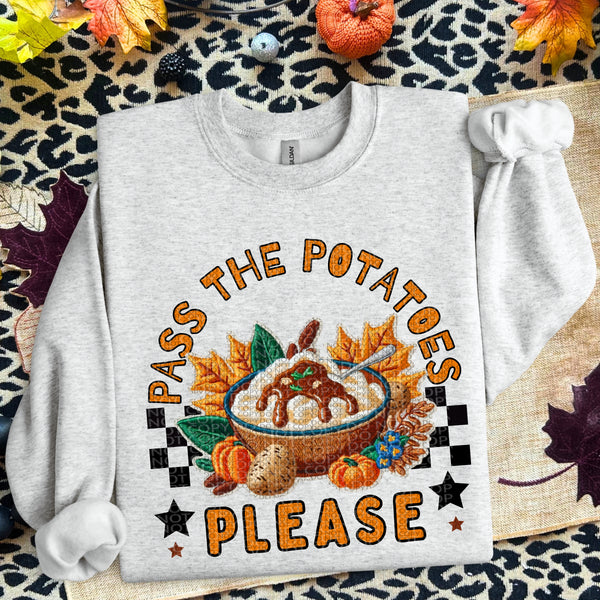 Pass the Potatoes Please Faux Embroidery DTF Heat Transfer