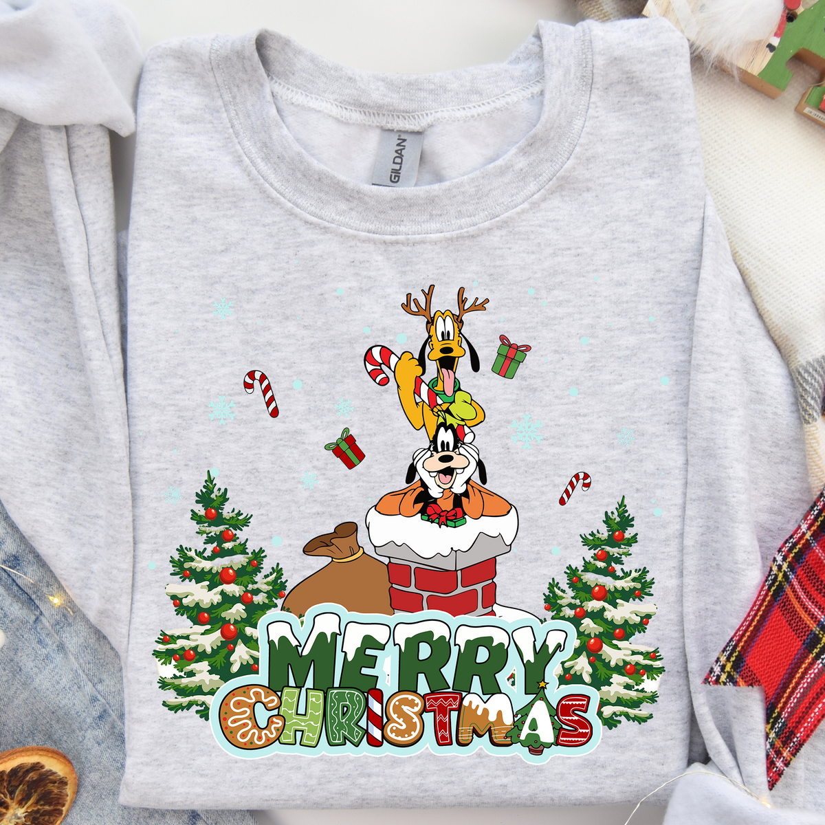 Merry Christmas Dog Friends Chimney and Trees DTF Heat Transfer