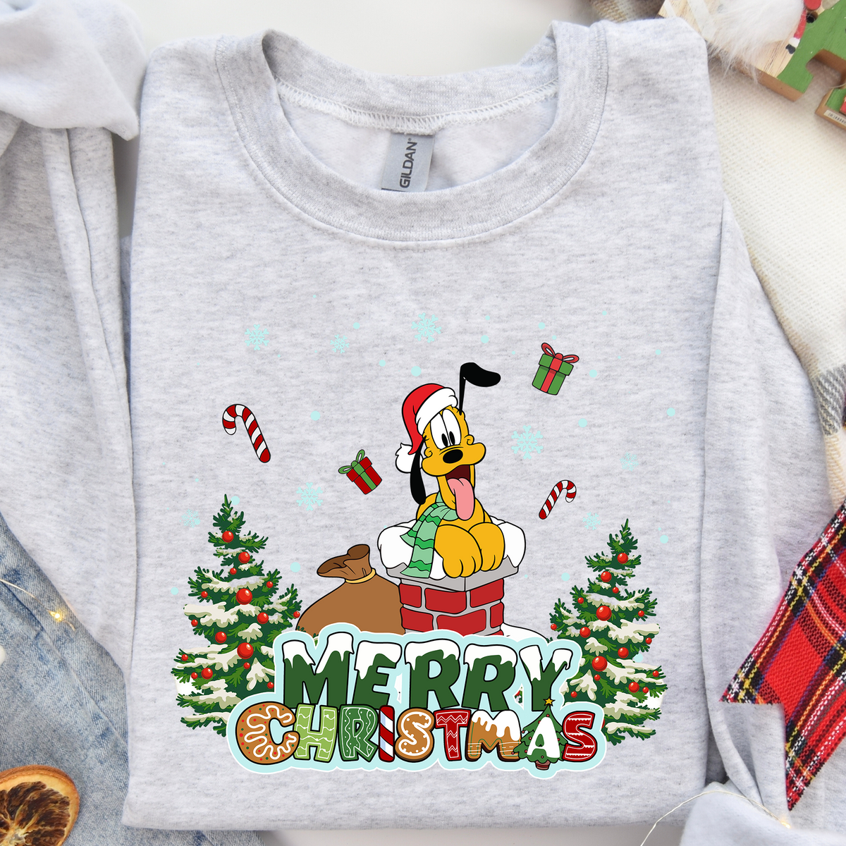 Merry Christmas Friendly Dog Chimney and Trees DTF Heat Transfer