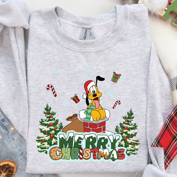 Merry Christmas Friendly Dog Chimney and Trees DTF Heat Transfer