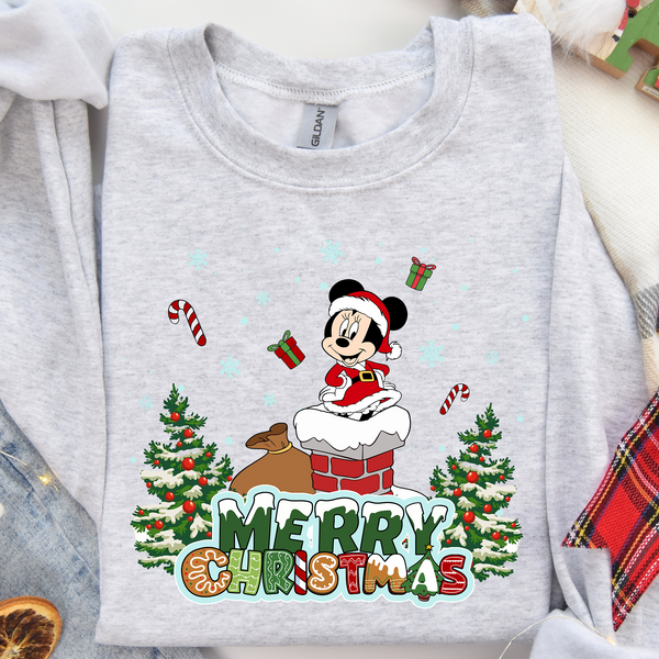 Merry Christmas Girl Mouse Chimney and Trees DTF Heat Transfer