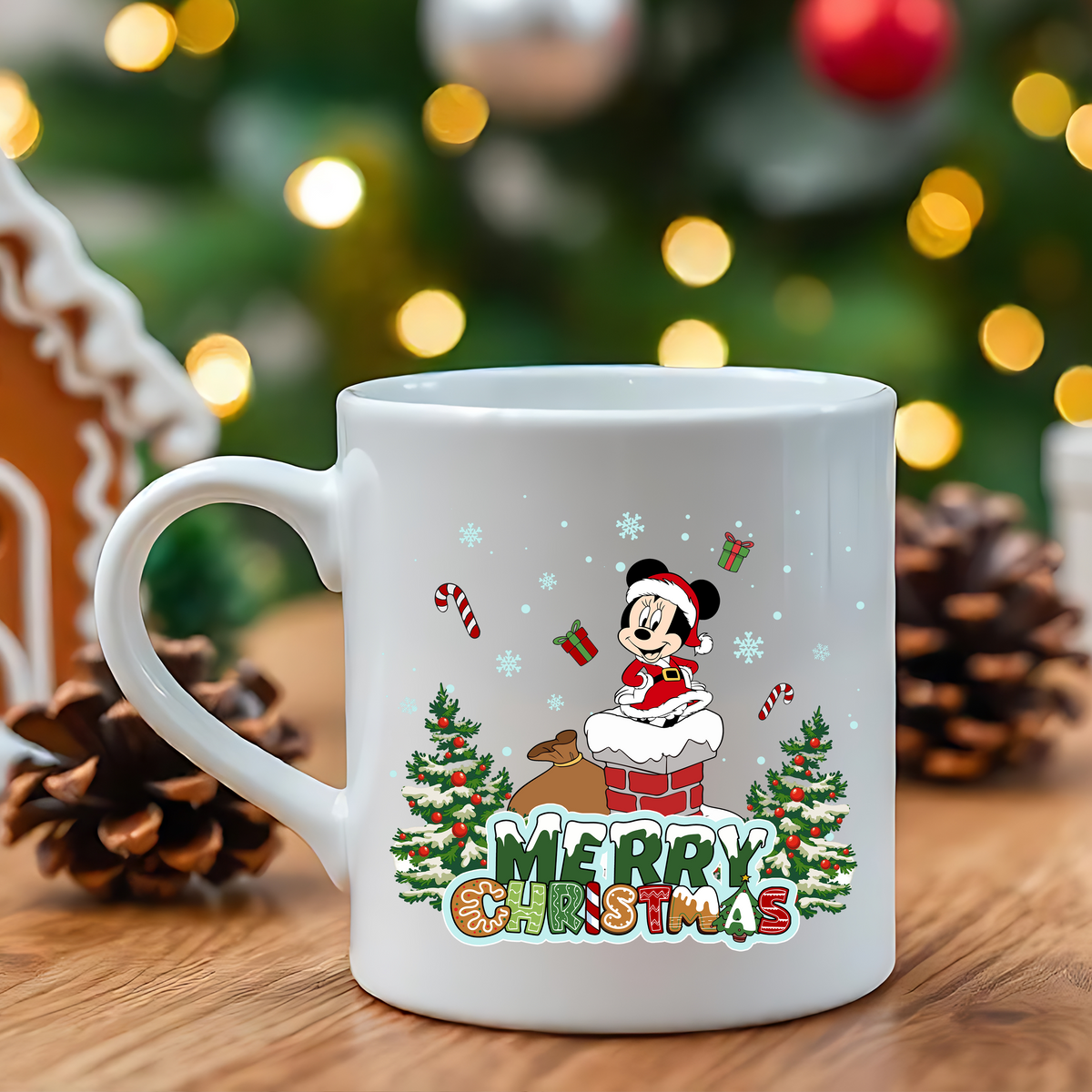 Merry Christmas Girl Mouse Chimney and Trees UV DTF Transfer