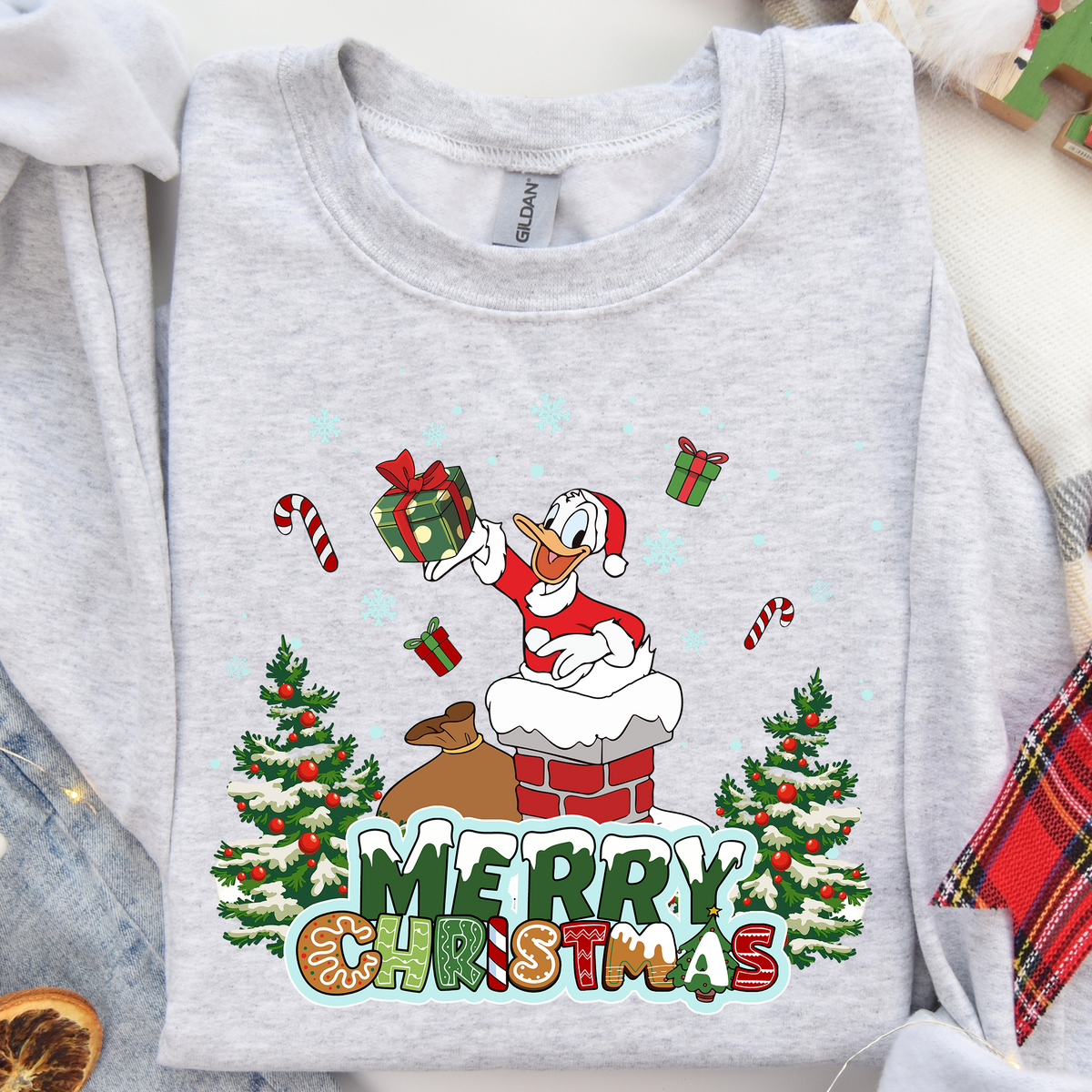 Merry Christmas Happy Boy Duck Chimney and Trees DTF Heat Transfer