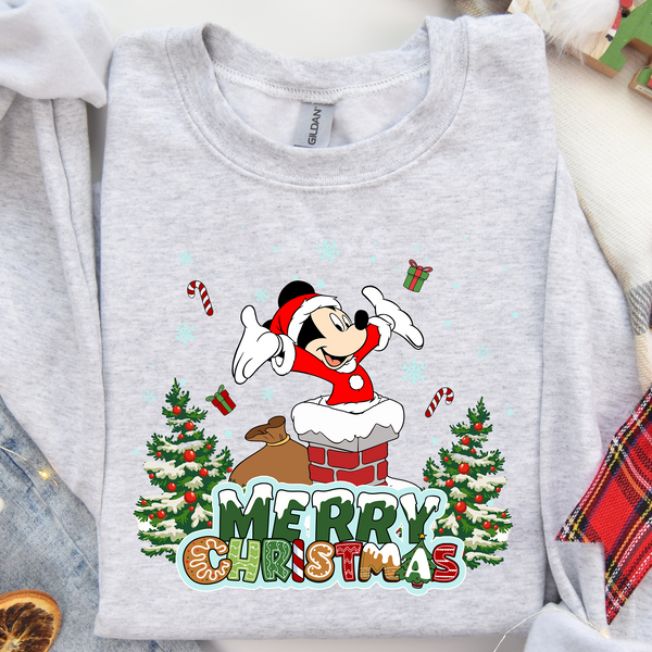 Merry Christmas Ta Da Boy Mouse Chimney and Trees DTF Heat Transfer