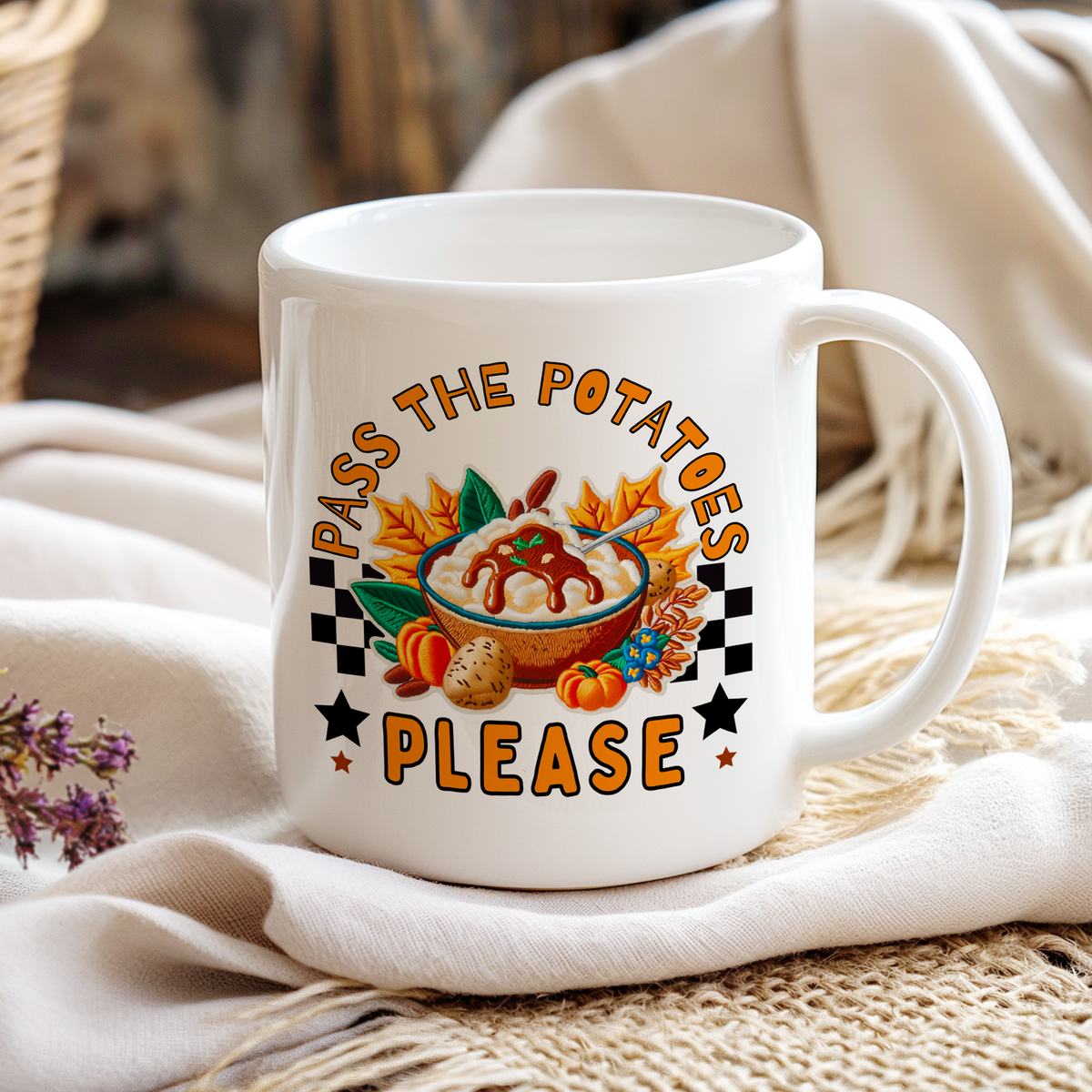 Pass the Potatoes Please Faux Embroidery DTF Heat Transfer