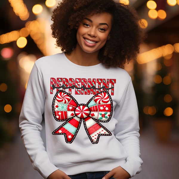 Peppermint Season Coquette Bow Faux Embroidery and Faux Sparkles DTF Heat Transfer