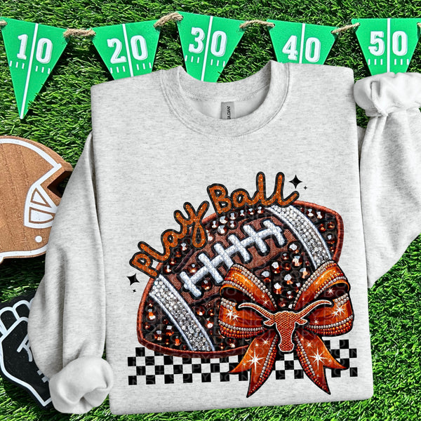 Play Ball Longhorns (TX) Faux Rhinestone and Faux Embroidery DTF Heat Transfer