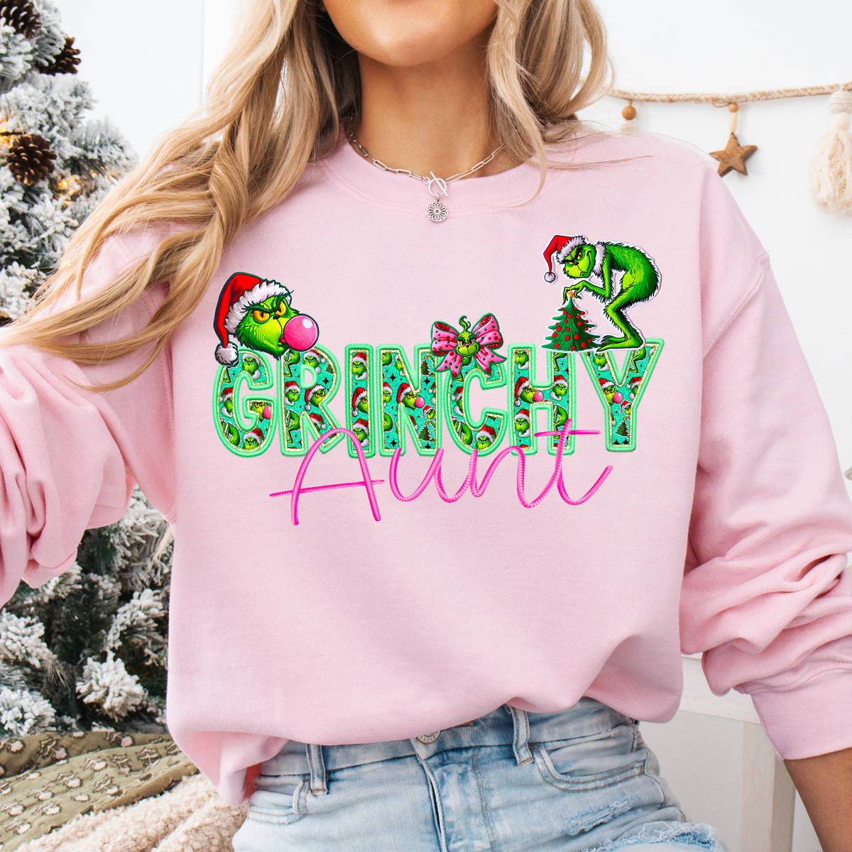 Grinchy Aunt Faux Embroidery DTF Heat Transfer