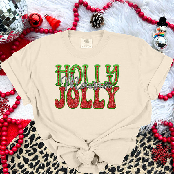 Holly Jolly Mama Faux Sparkles & Faux Embroidery DTF Heat Transfer