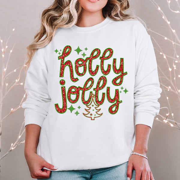 Holly Jolly Red/Green Faux Sparkles & Faux Embroidery DTF Heat Transfer