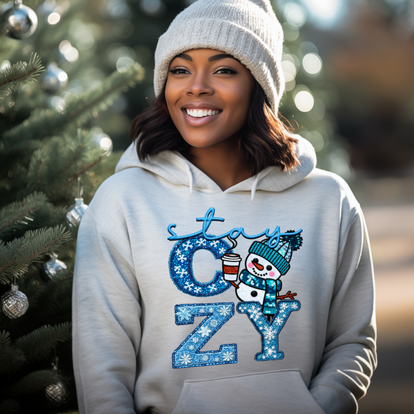 Stay Cozy Snowman Faux Embroidery and Faux Sparkles DTF Heat Transfer