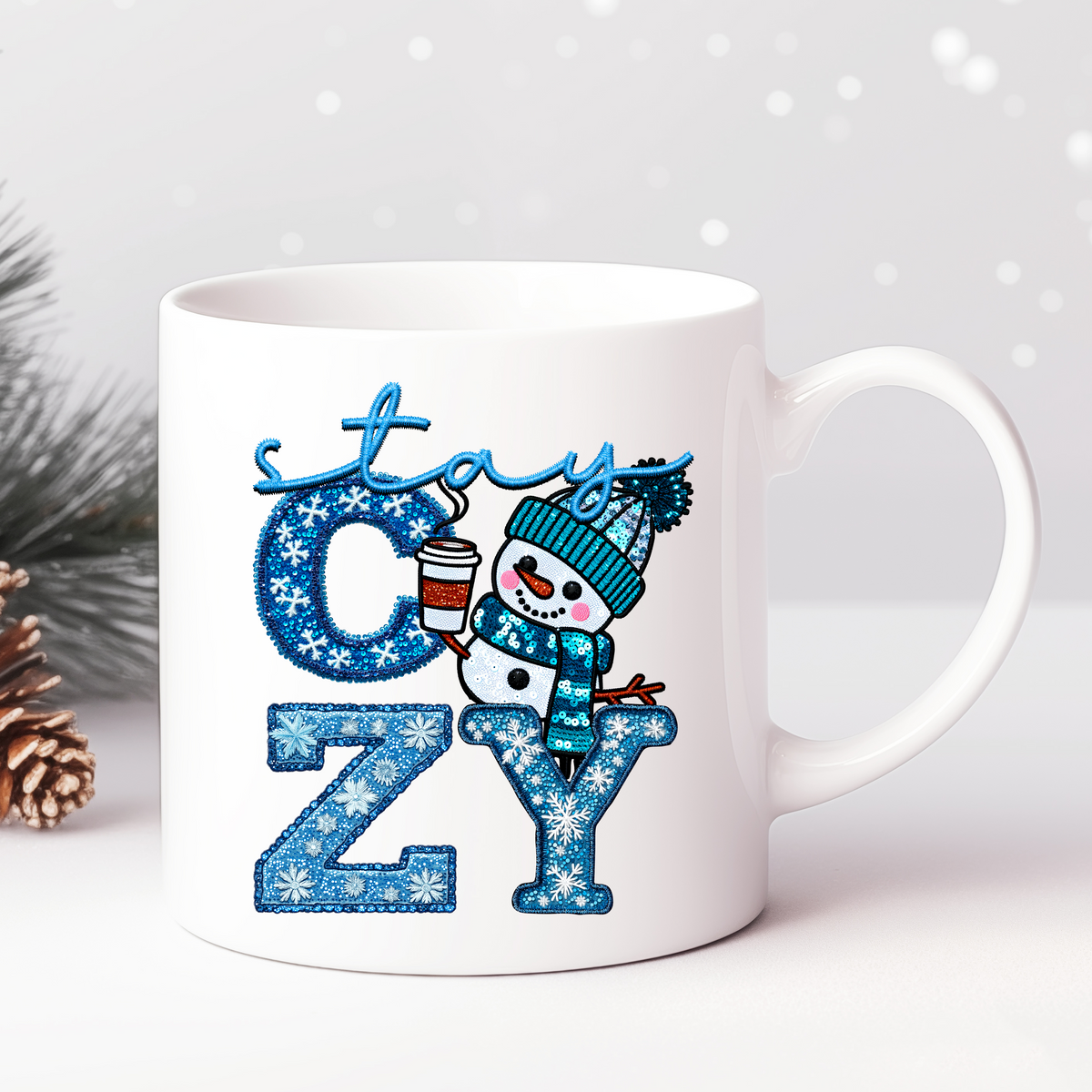 Stay Cozy Snowman Faux Embroidery and Faux Sparkles DTF Heat Transfer